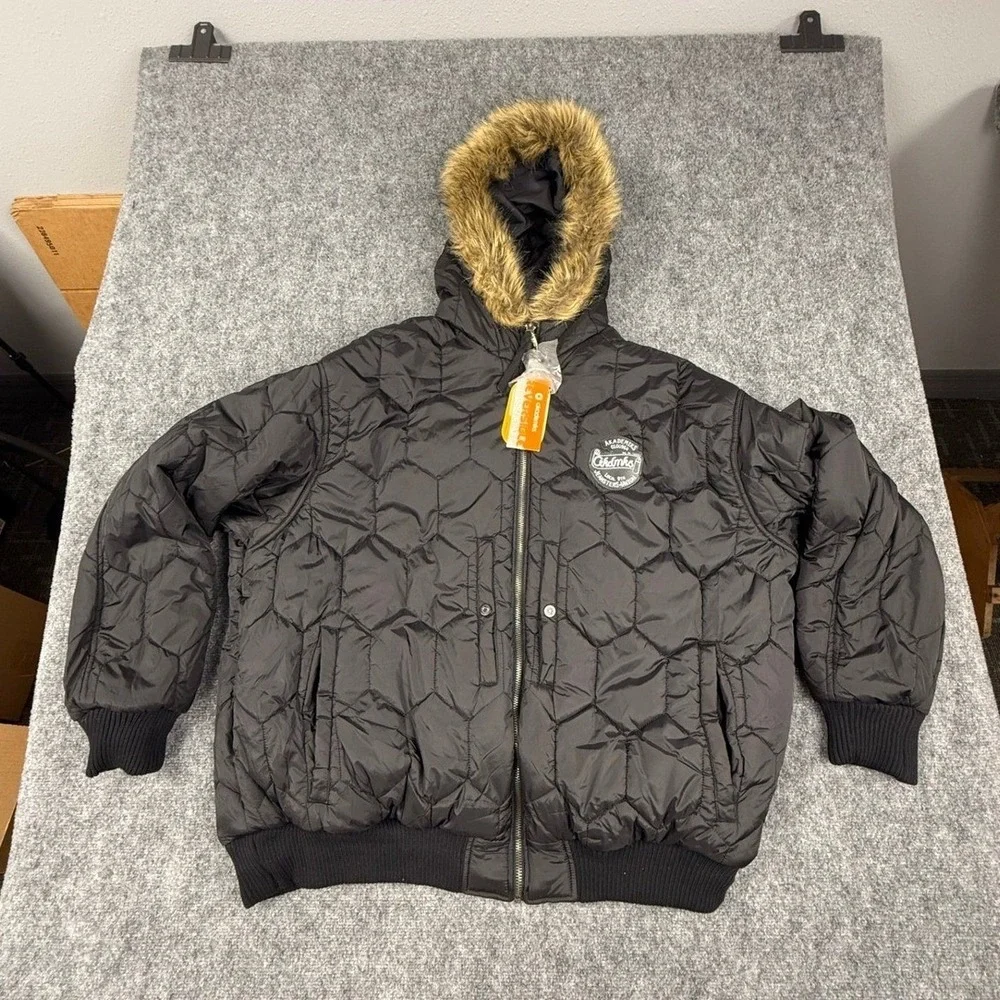 VTG Akademiks Mens Black Quilted Reversible Hooded Winter Puffer Jacket Fur Trim